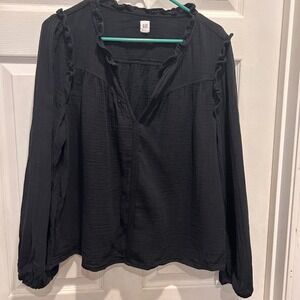 GAP Women's XL Black Long Sleeve Ruffle Trim Double‎ Cotton Gauze Peasant Top